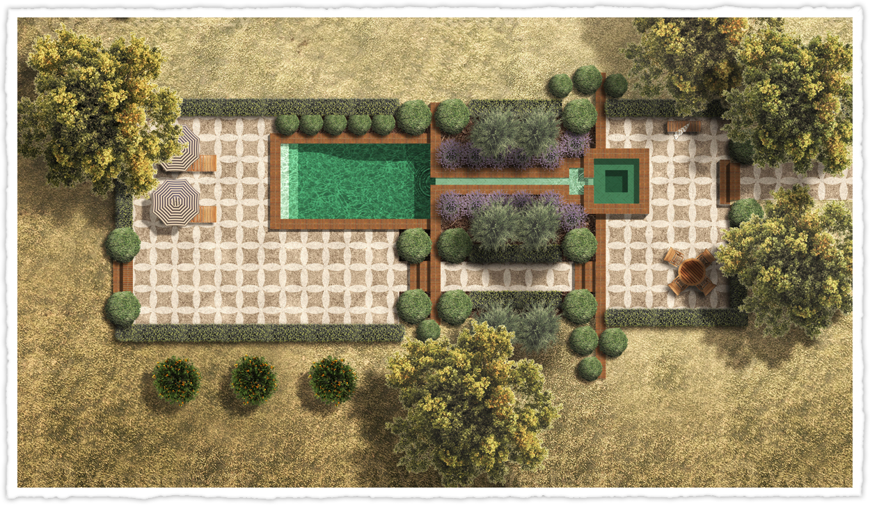 A pool, spa and patios surrounded by gardens in shown in plan view