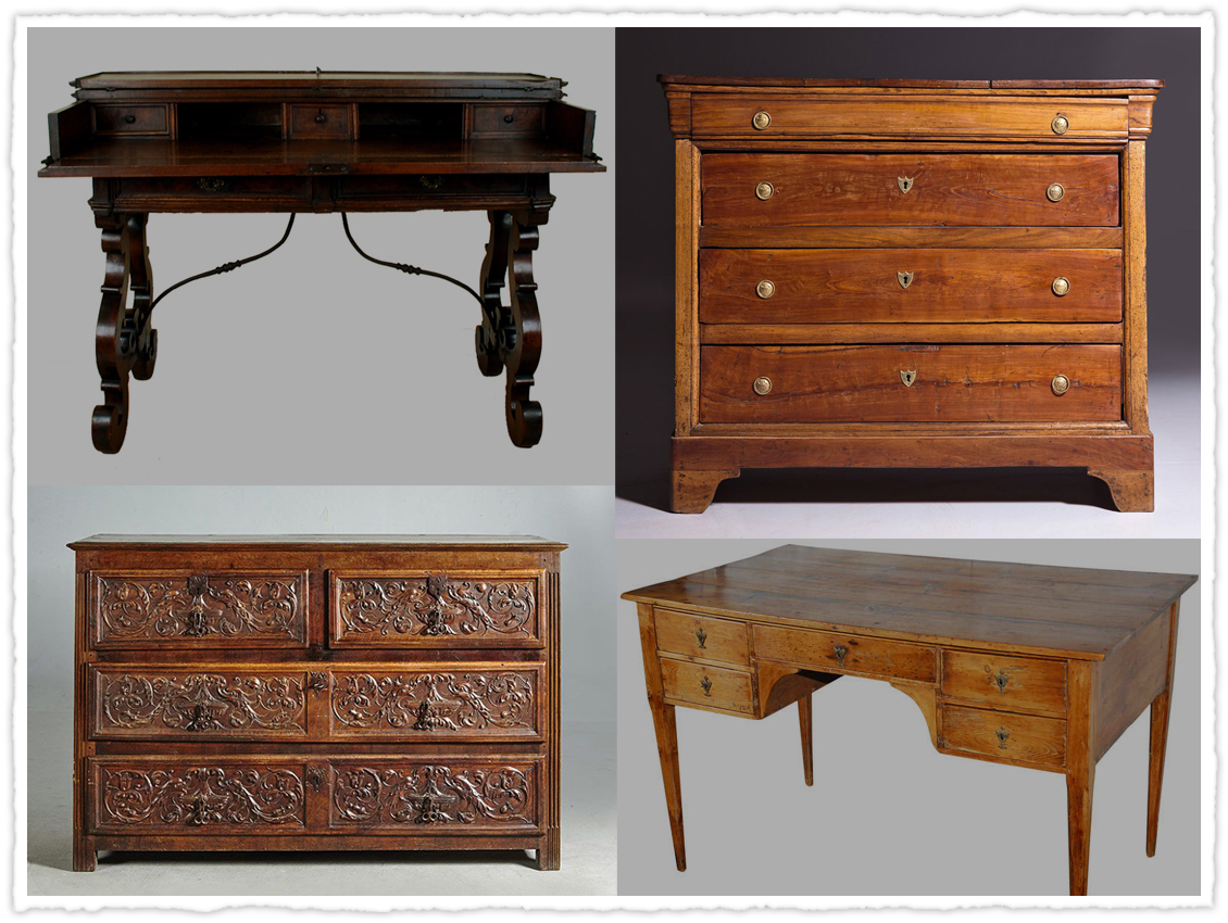 various antique desks and cabinets from Spain and Central and South America.