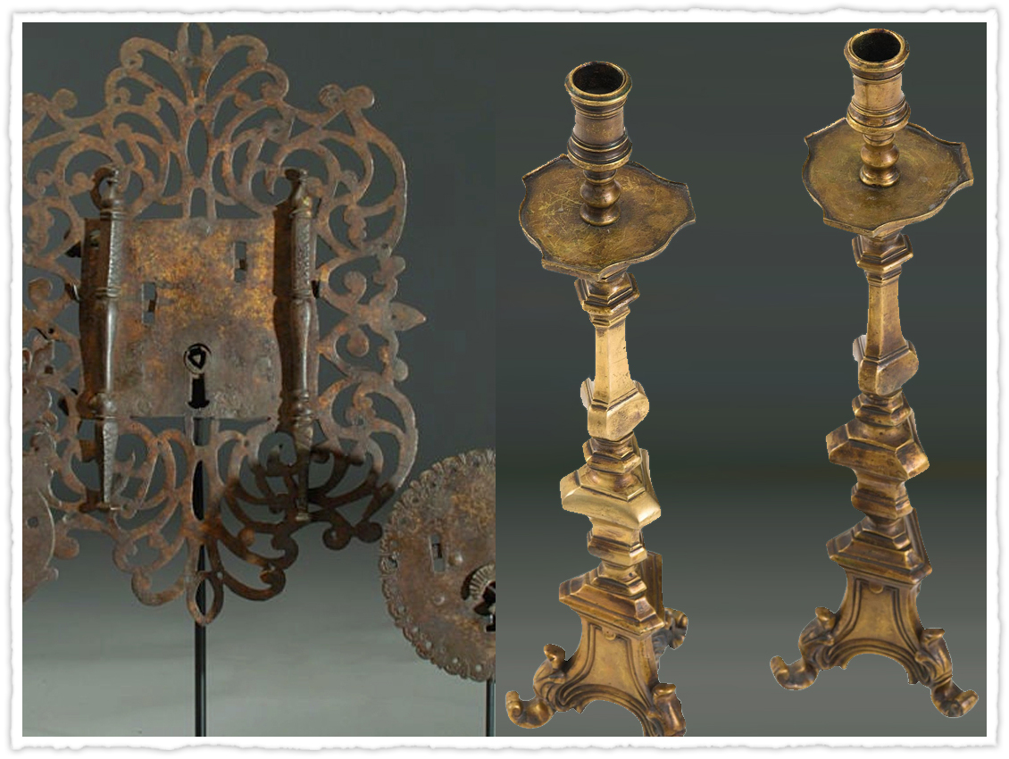 two images, one of stamped wrought iron filigree and the other, 2 brass candlesticks