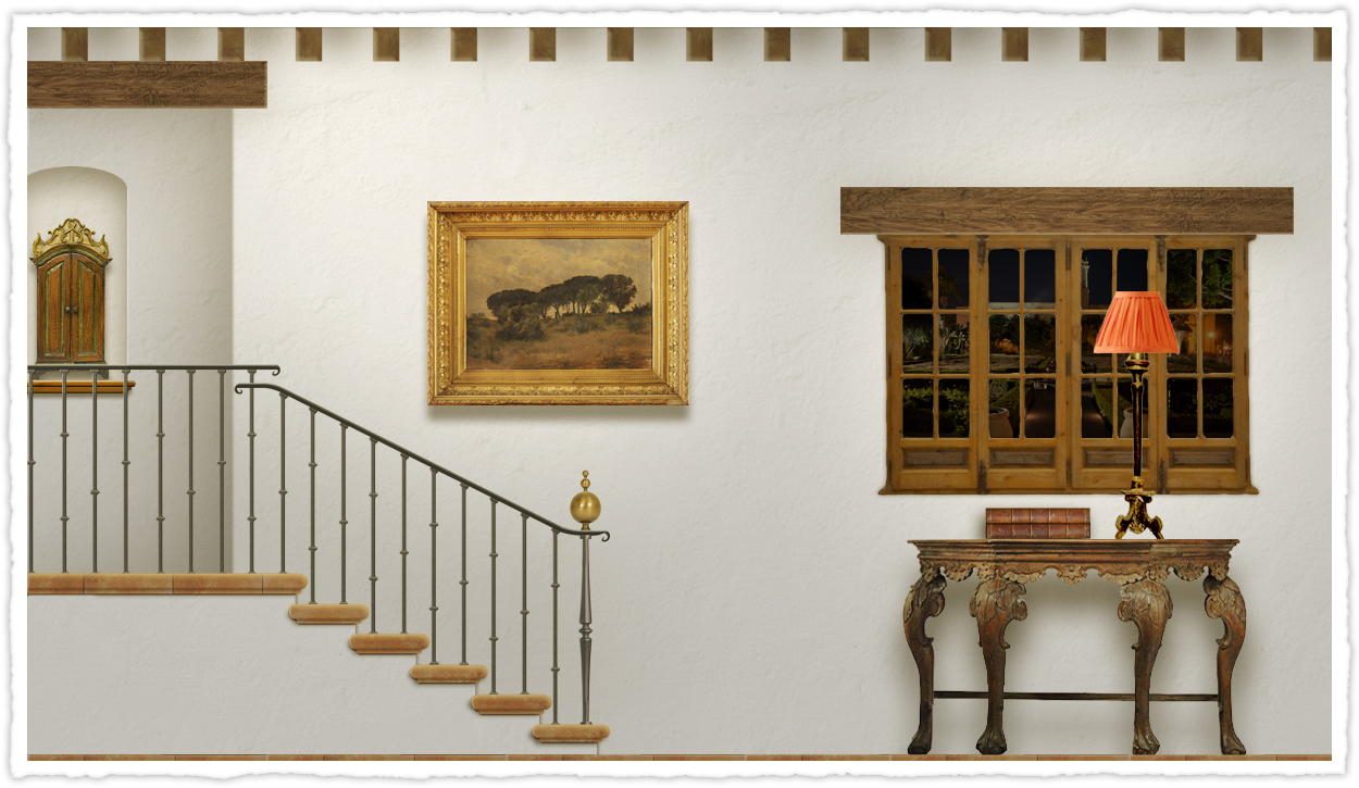 A grand stair case and other architectural elements are combined to create Spanish revival space.