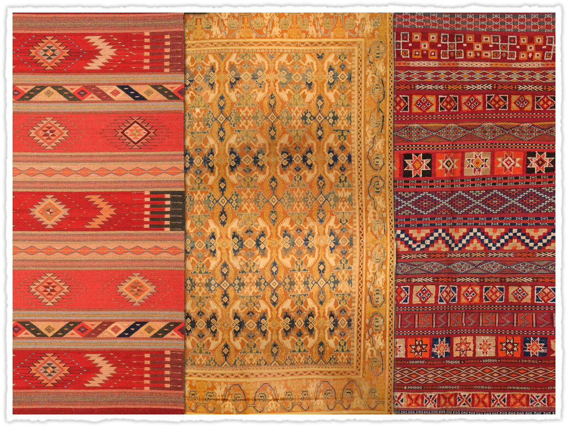 a collage of yellow and red rugs from Spain, Mexico and Morroco